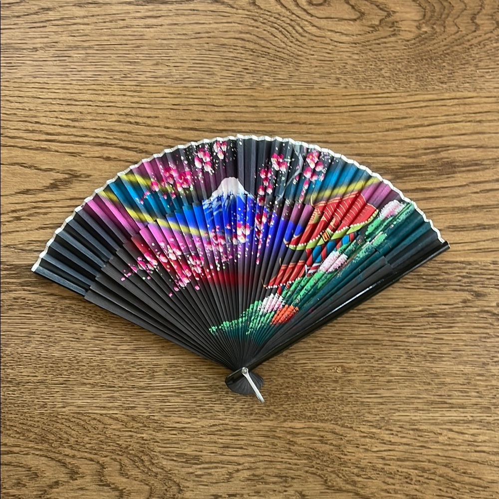Vintage Japanese Colorful Handheld Fan with Floral Design